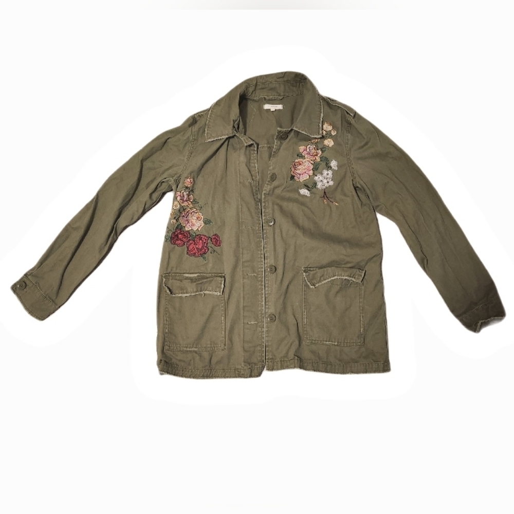 Army green jacket with pink floral pattern